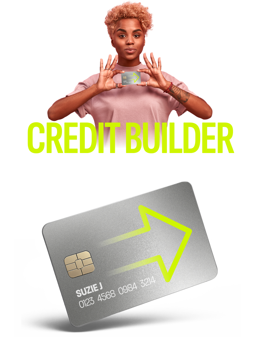 Young woman proudly holding Credit Builder card